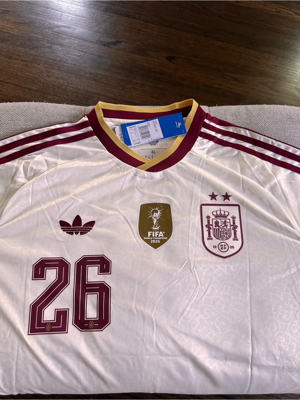adidas Originals White and Maroon Spain Soccer Jersey - #26 Away
